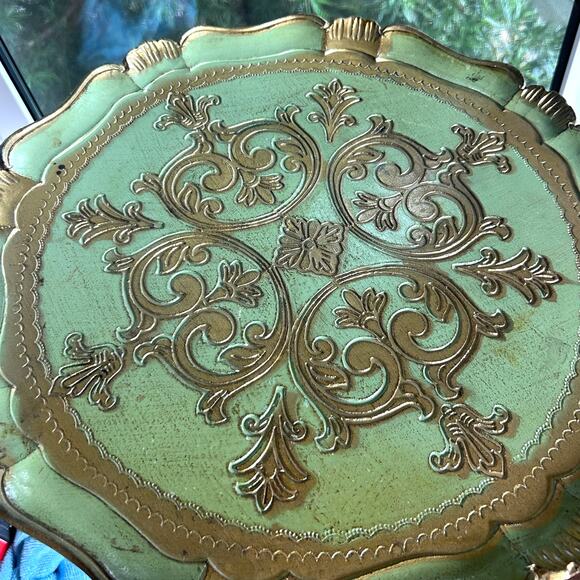 Vintage Italian Florentine Green & Gold Round Tray 15.5” Made in Italy - Picture 7 of 11